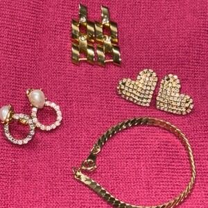Lot of 3 Pairs Goldtone Earrings with Rhinestones and One Goldtone bracelet